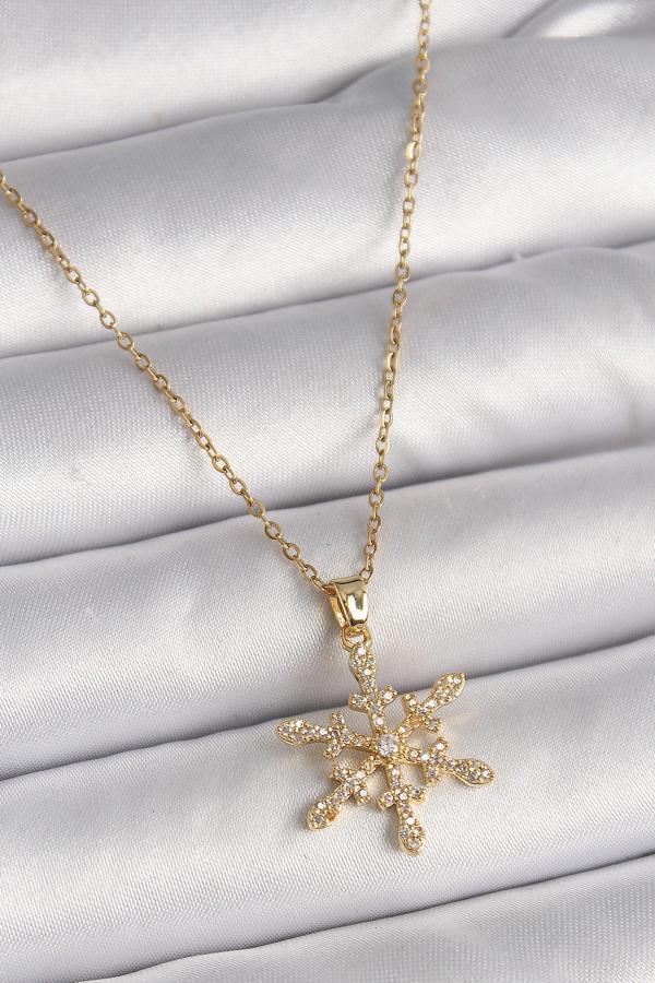 316L Çelik Gold Renk Zincir Zirkon Taşlı Kar Tanesi Model Kadın Kolye - TJ-BKO9717 - Image 1