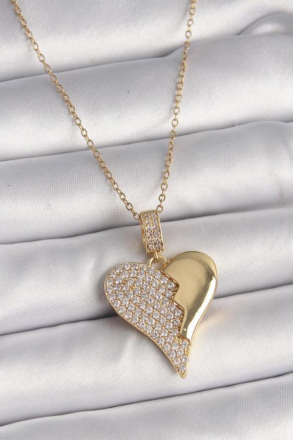 316L Çelik Gold Renk Zincir Zirkon Taşlı Kırık Kalp Model Kadın Kolye - TJ-BKO9757 - Image 1