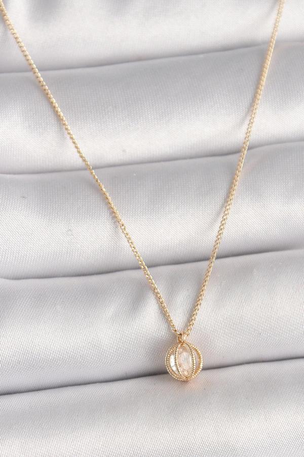 Pirinç Gold Renk Zirkon Taşlı Daire Kafes Model Kadın Kolye - TJ-BKO9828 - Image 1