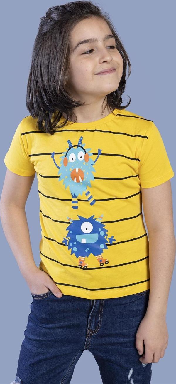 Toontoy Erkek Çocuk Çizgili Canavar Baskılı Tişört - Image 1