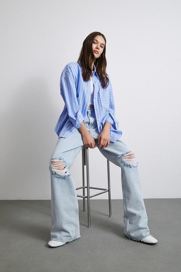 Basic Organik Pamuk Çizgili Gömlek Mavi - Image 1