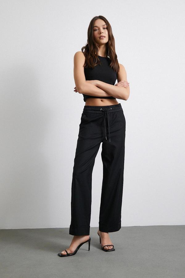 Beli Lastikli Paçası Katlamalı Pantolon Siyah - Image 1