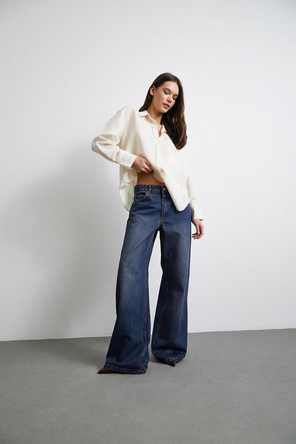 Kontrast Çizgili Modal Gömlek Bej - Image 1