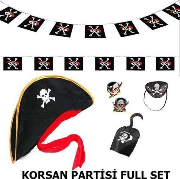 samur parti parti aksesuar & kostüm Çocuk Korsan Şapkası + Kancası + Göz Bandı + 2 Adet Yüzük + Afiş Seti - Image 1