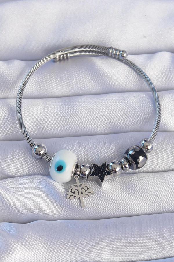 316L Çelik Gümüş Renk Siyah Zirkon Taşlı Yıldız Tasarımlı Ağaç Detay Nazarlı Charm Bileklik - Image 1