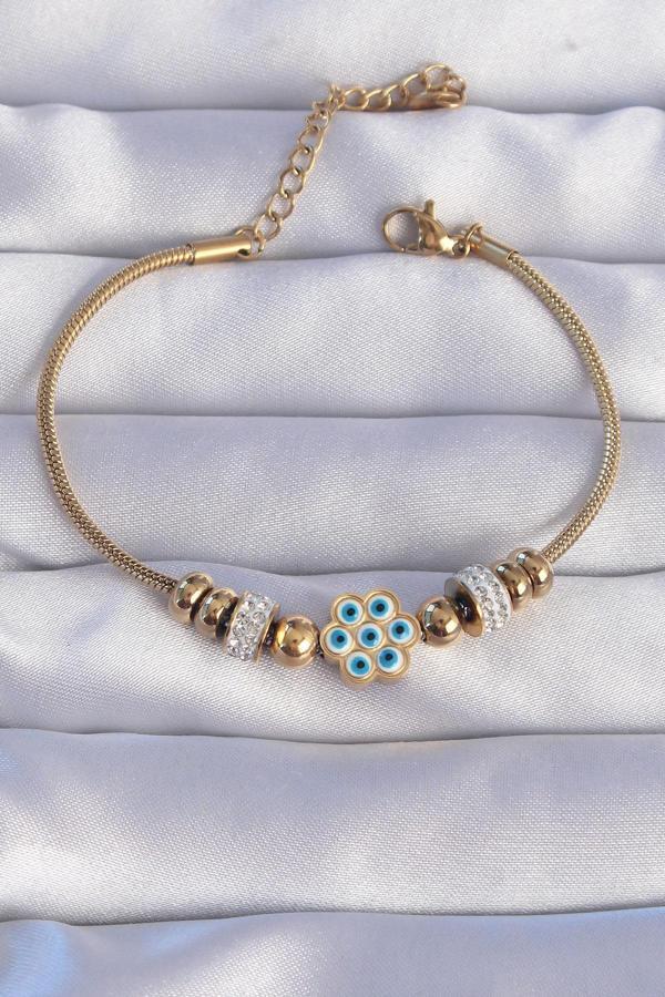 316L Çelik Gold Renk Zirkon Taşlı Nazarlı Çiçek Tasarımlı Bileklik - Image 1
