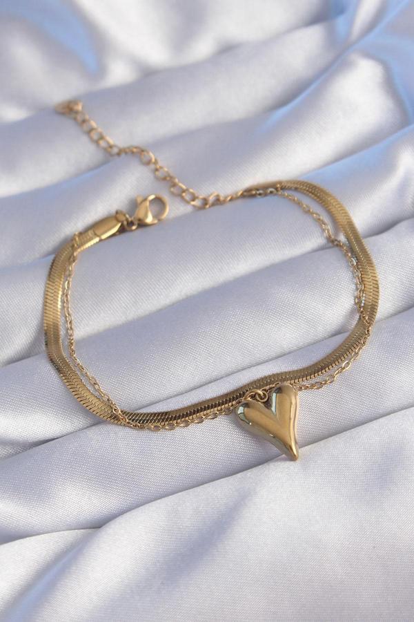 316L Çelik Gold Renk İtalyan Zincirli Kalp Model Bileklik - Image 1