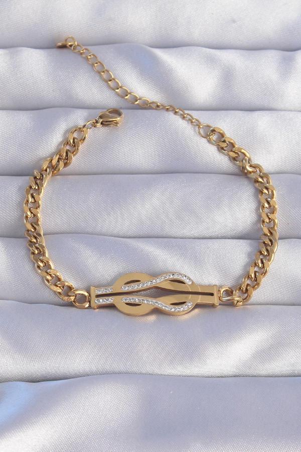 316L Çelik Gold Renk Zirkon Taşlı Kemer Tokası Model Zincir Bileklik - Image 1