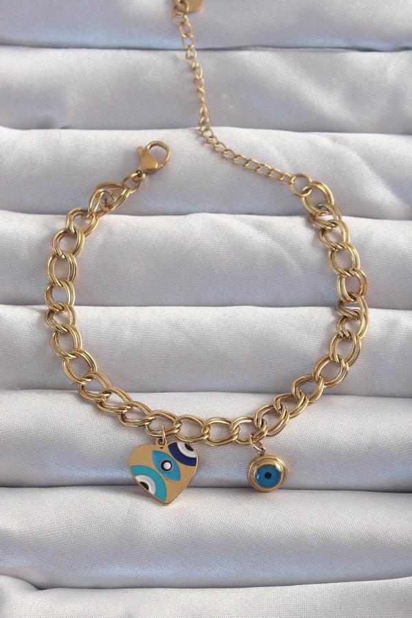316L Çelik Gold Renk Nazarlı Kalp Model Zincir Bileklik - Image 1