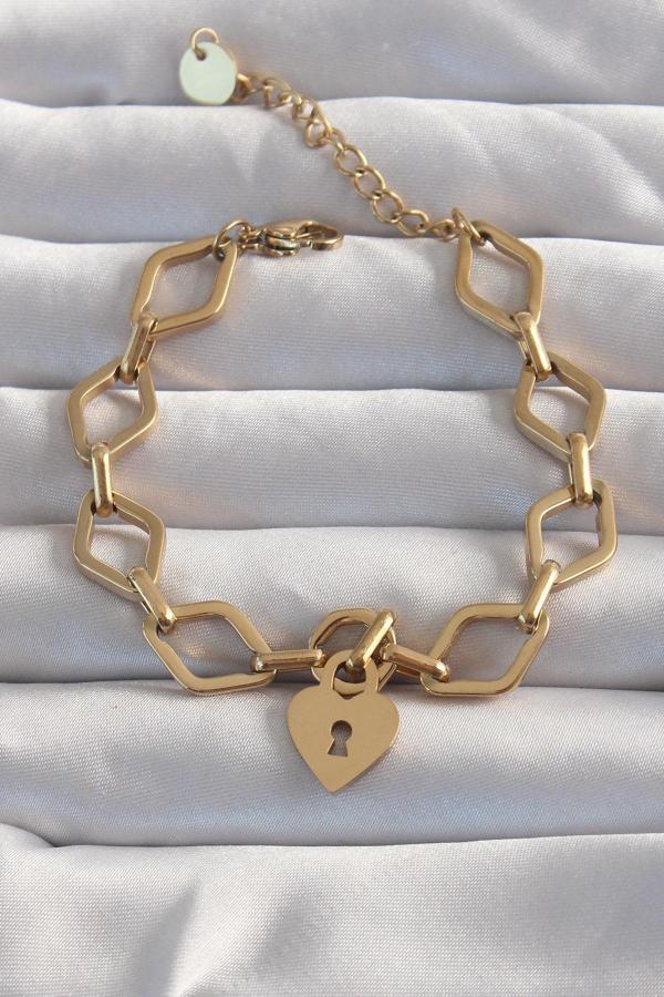 316L Çelik Gold Renk Kalp Model Zincir Bileklik - Image 1