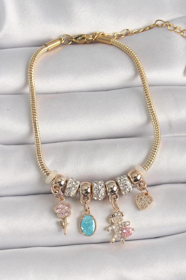 316L Çelik Gold Renk Zincir Sallantı Zirkon Taşlı Ayıcık Figür Çiçek Detay Kadın Bileklik - Image 1