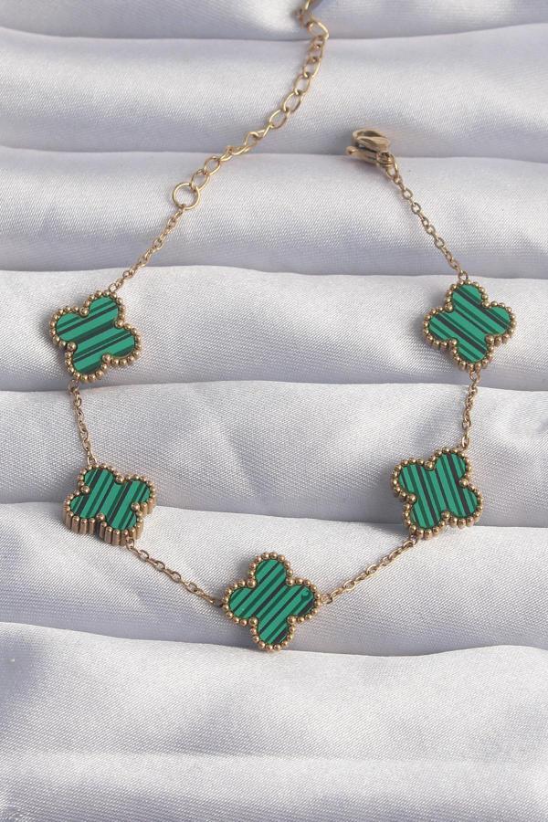 316L Çelik Gold Renk Çizgili Yeşil Mineli Yonca Bileklik - Image 1