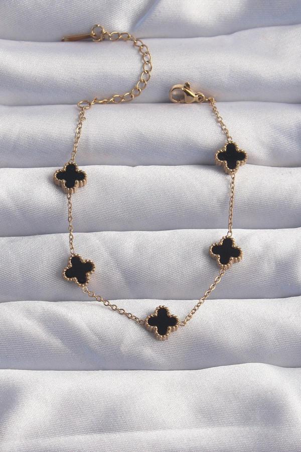 316L Çelik Baby Boy Gold Renk Siyah Mineli Yonca Bileklik - Image 1