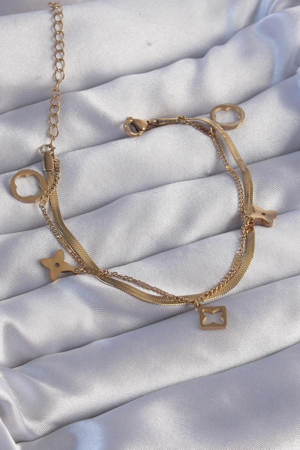 316L Çelik Gold Renk Çift Zincir Yonca Tasarım Bileklik - Image 1