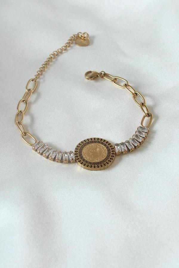 316L Çelik Gold Renk Tam Altın Modelli Zirkon Taşlı Kadın Bileklik - Image 1