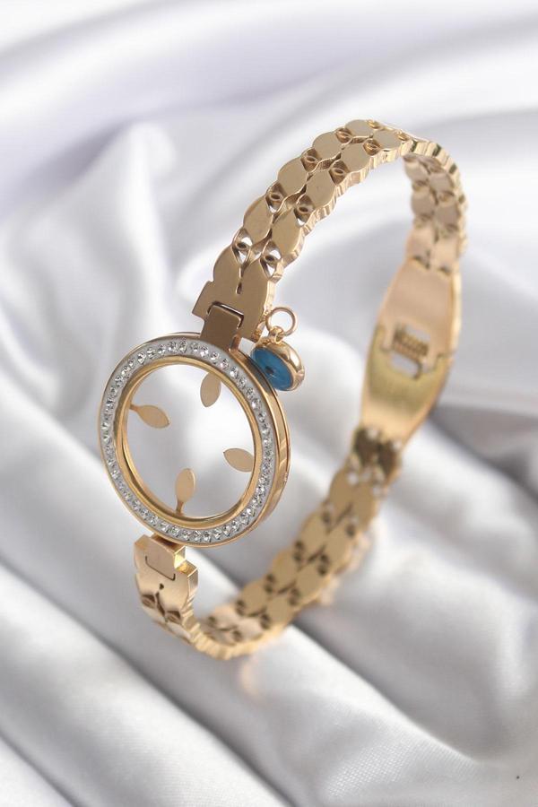 316L Çelik Gold Renk Arpa Model Zirkon Taş Detay Çeyrek Altın Takılabilir Kadın Kelepçe - Image 1