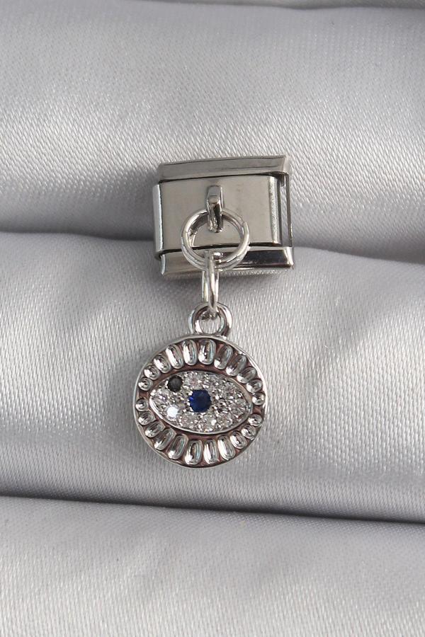 316L Çelik Gümüş Renk Sallantı Zirkon Taşlı Göz Model Nomination Charm - Image 1