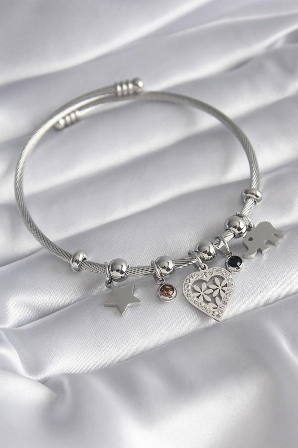 316L Çelik Gümüş Renk Zirkon Taşlı Kalp Figür Fil Detay Charm Model Kadın Bileklik - Image 1