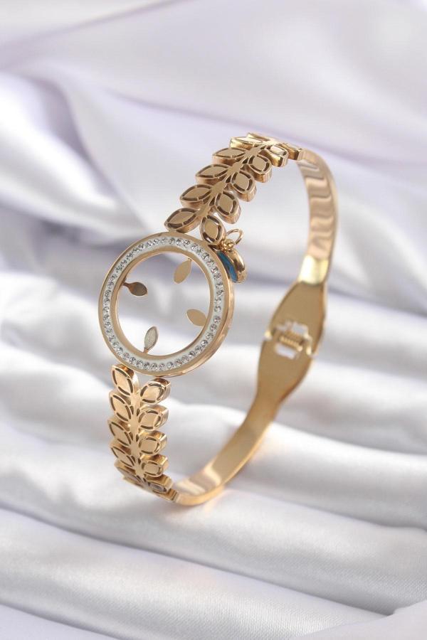 316L Çelik Gold Renk Çeyrek Takılabilen Zirkon Taş Detay Kadın Kelepçe - Image 1