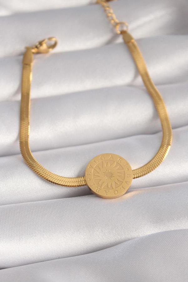 316L Çelik Gold Renk İtalyan Zincir Model İşlemeli Madalyon Figür Kadın Bileklik - Image 1