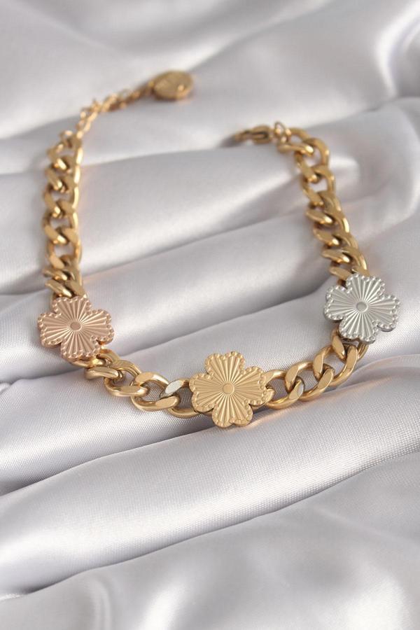 316L Çelik Gold Renk Zincir Model 3'lü Renkli Çiçek Figür Kadın Bileklik - Image 1