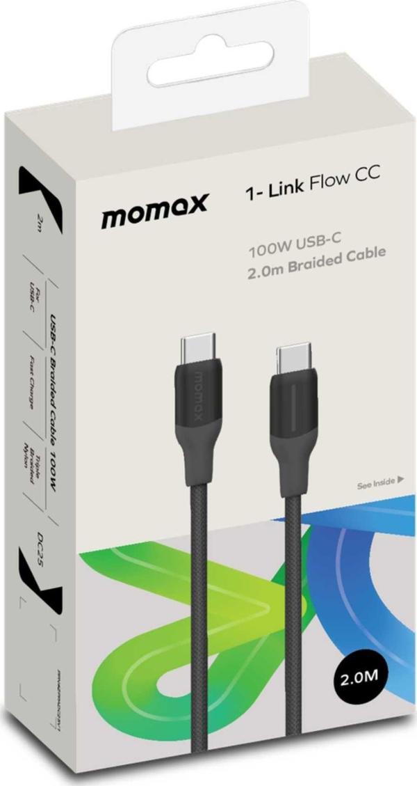 Momax 1-Link Flow Cc 100w Usb-C 2.0m Örgülü-Dc25 Kablo Siyah - Image 1