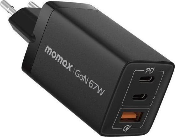  Momax OnePlug 67W 3-Portlu Gan Duvar Şarj Cihazı Adaptör Siyah - Image 1