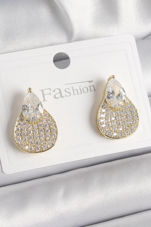 Pirinç Gold Renk Zirkon Taşlı Damla Model Kadın Küpe - Image 1