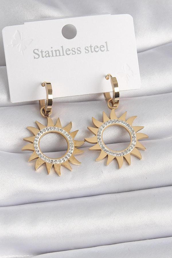 316L Çelik Gold Renk Zirkon Taşlı Güneş Model Kadın Küpe - Image 1