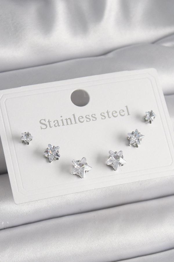 316L Çelik Gümüş Renk Zirkon Taşlı Yıldız Model Kadın Küpe Seti - Image 1