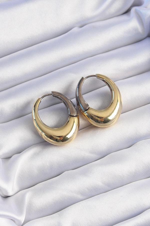 Pirinç Gold Gümüş Renkli Oval Bombeli Küpe - Image 1