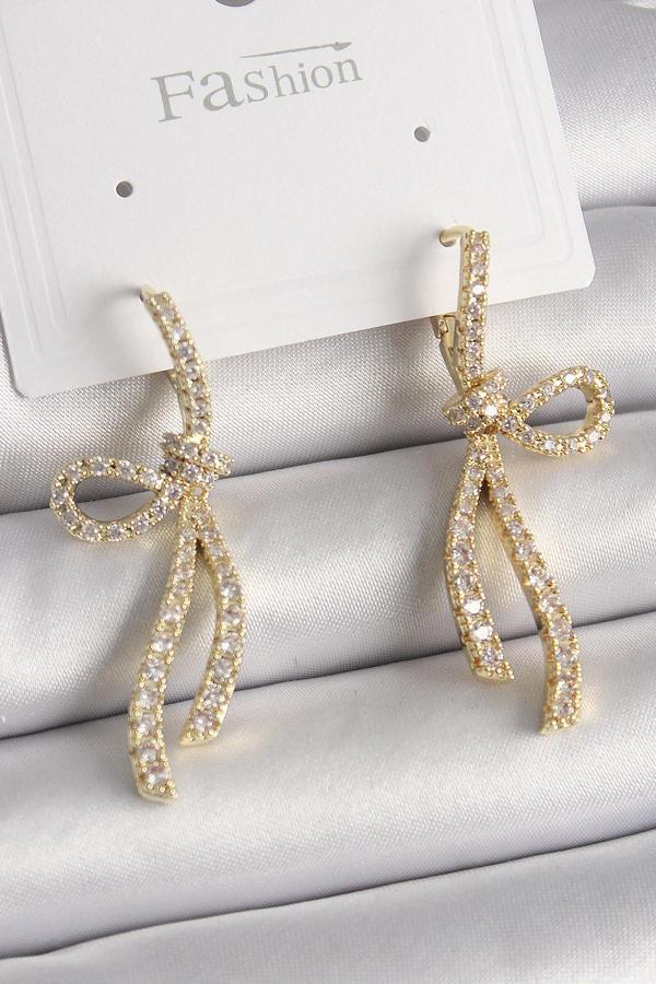 Pirinç Gold Renk Zirkon Taşlı Kurdele Model Kadın Küpe - Image 1