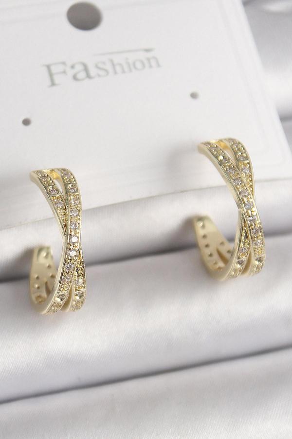 Pirinç Gold Renk Zirkon Taşlı Sarmal Halka Model Kadın Küpe - Image 1