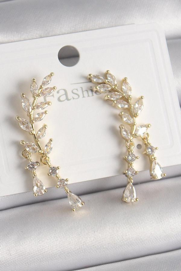 Pirinç Gold Renk Zirkon Taşlı Başak Model Kadın Küpe - Image 1