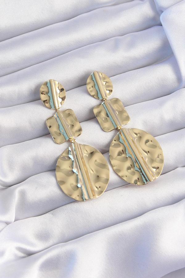 Pirinç Gold Renk Geometrik Ezme Plaka Küpe - Image 1