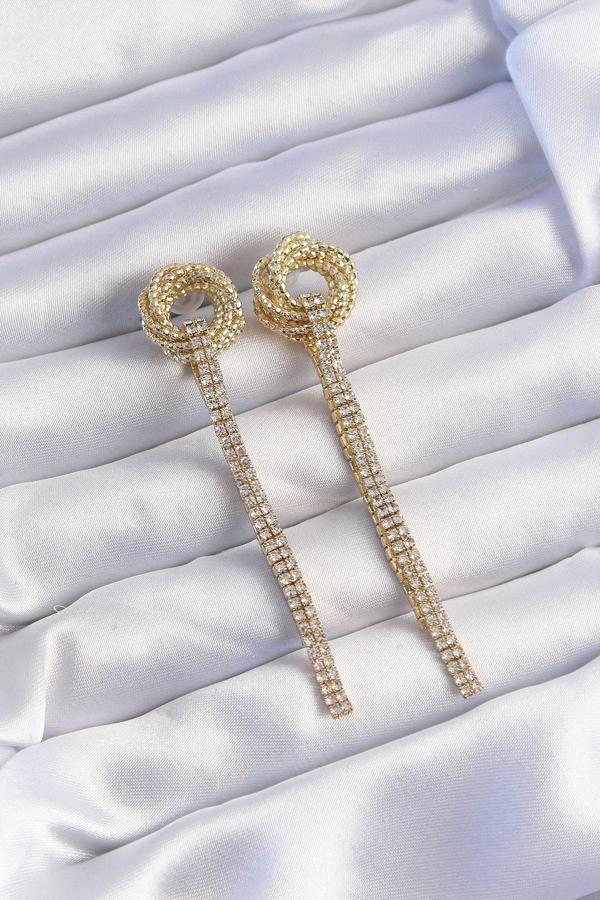 Pirinç Gold Renk Zirkon Taşlı Kıvrım Detay Sallantılı Küpe - Image 1