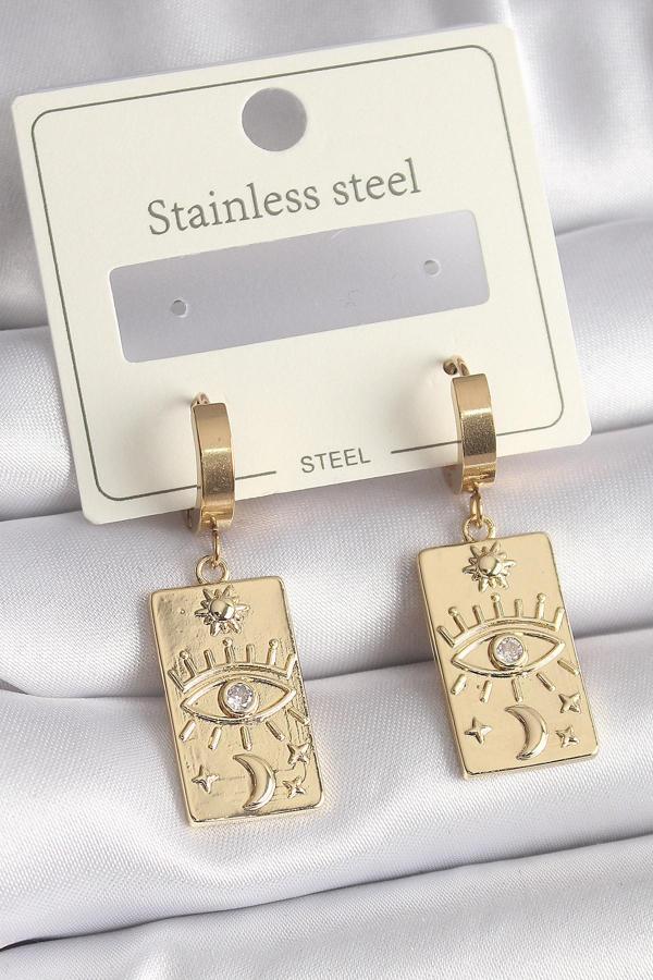 316L Çelik Gold Renk Zirkon Taşlı Göz İşleme Detay Plaka Model Kadın Küpe - Image 1