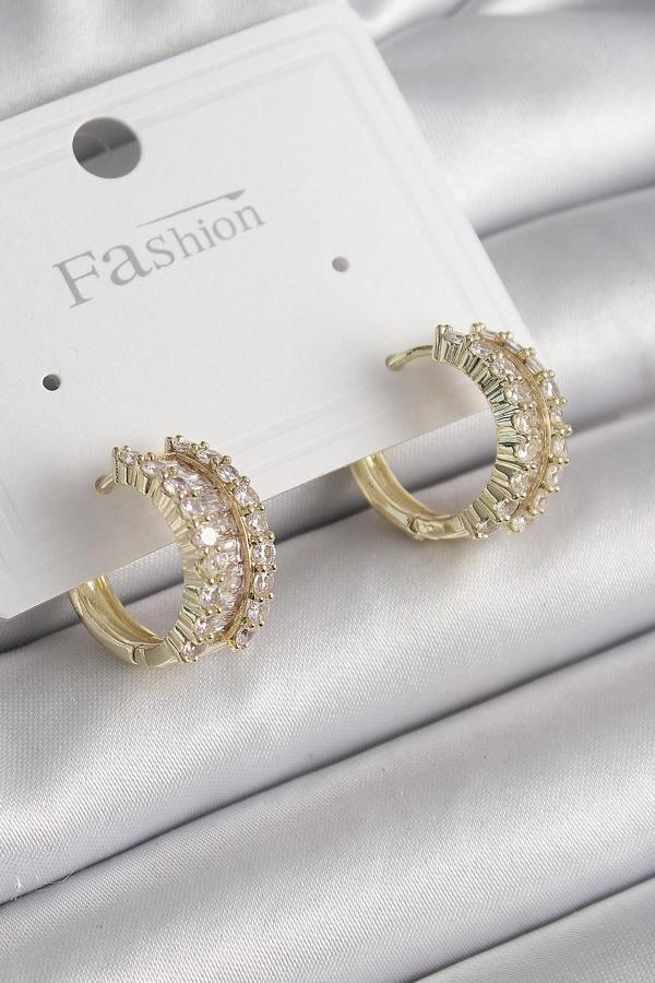 Pirinç Gold Renk Zirkon Taşlı Halka Model Kadın Küpe - Image 1