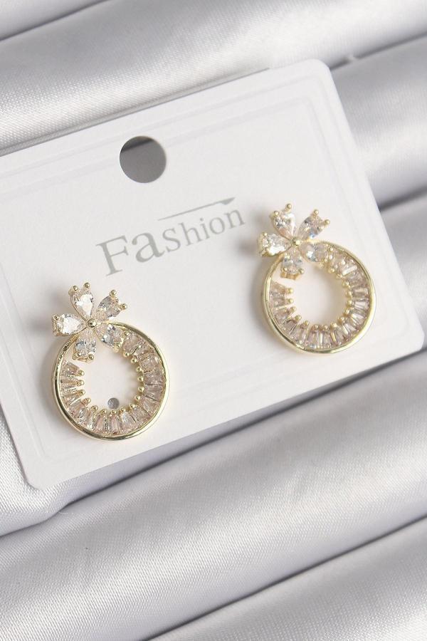 Pirinç Gold Renk Zirkon Taşlı Halka Model Çiçek Figür Kadın Küpe - Image 1