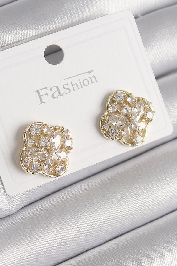 Pirinç Gold Renk Zirkon Taşlı Yonca Model Kadın Küpe - Image 1