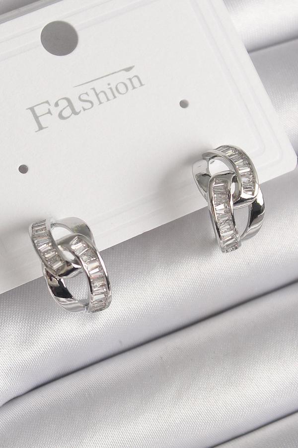 Pirinç Gümüş Renk Zirkon Taşlı Zincir Model Kadın Küpe - Image 1