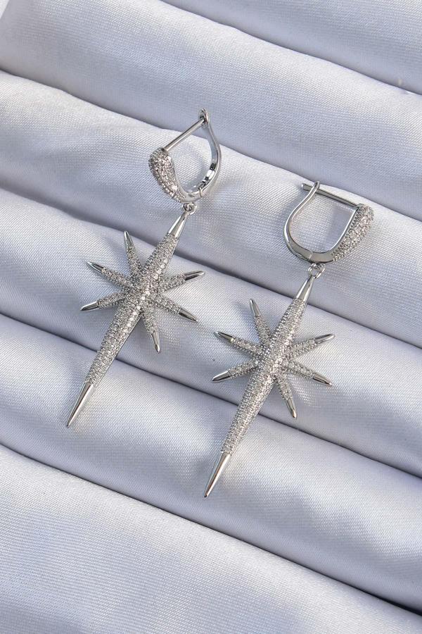 Pirinç Gümüş Renk Zirkon Taş Kaplama Kutup Yıldızı Tasarımlı Kadın Küpe - Image 1