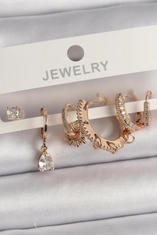 Pirinç Gold Renk Sallantı Zirkon Taşlı Halka Model Damla Zirkon Taş Detay Çoklu Kadın Küpe Seti - Image 1