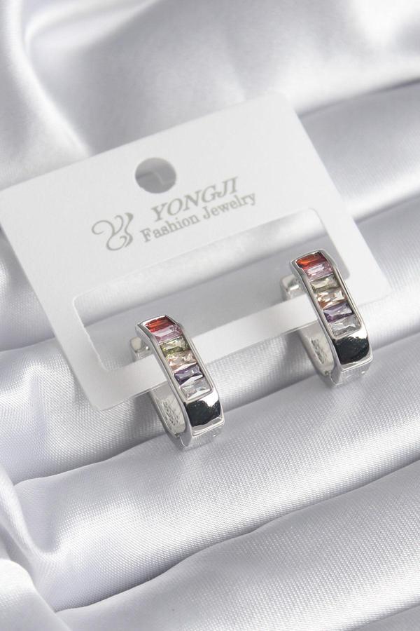 Pirinç Gümüş Renk Renkli Zirkon Taşlı Kadın Küpe - Image 1