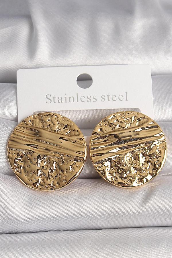 Pirinç Gold Renk İşlemeli Daire Plaka Model Kadın Küpe - Image 1