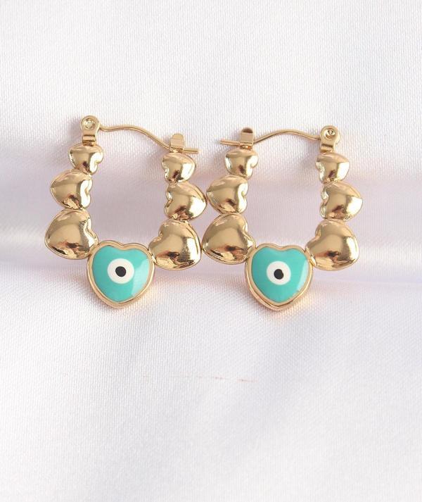 316L Çelik Gold Renk Mavi Nazarlı Kalpli Model Küpe - Image 1