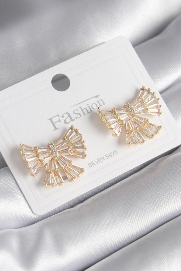 Pirinç Gold Renk Zirkon Taşlı Kurdele Model Kadın Küpe - Image 1