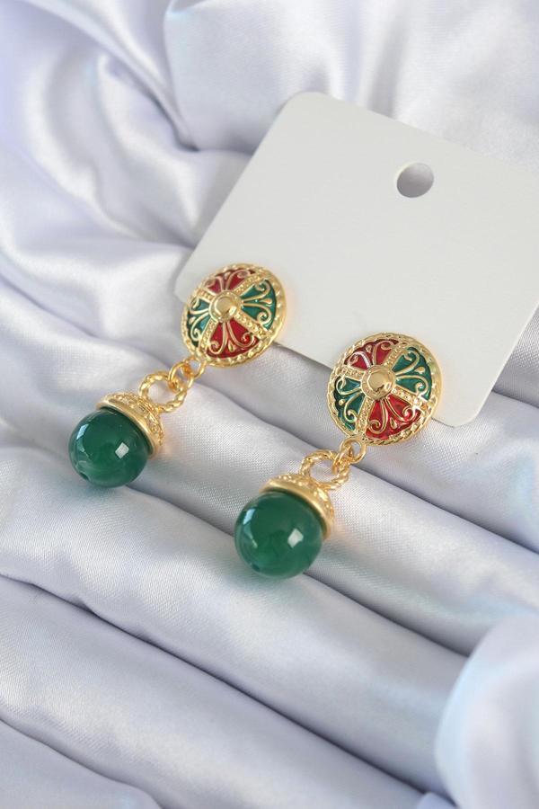 Gold Renk Motif İşlemeli Sallantı Model Pirinç VİP Kadın Küpe - Image 1