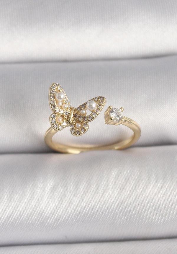 Pirinç Gold Renk Zirkon Taşlı Kelebek Model İnci Detay Ayarlanabilir Yüzük - Image 1