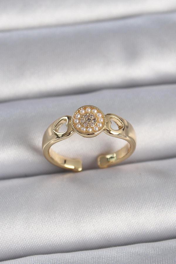 Pirinç Gold Renk Zirkon Taşlı İncili Kalp İşleme Detay Ayarlanabilir Kadın Yüzük - Image 1